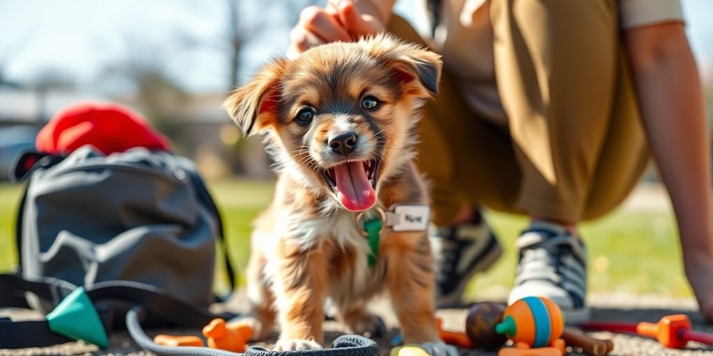 Puppy learning with trainer in a sunny outdoor setting.