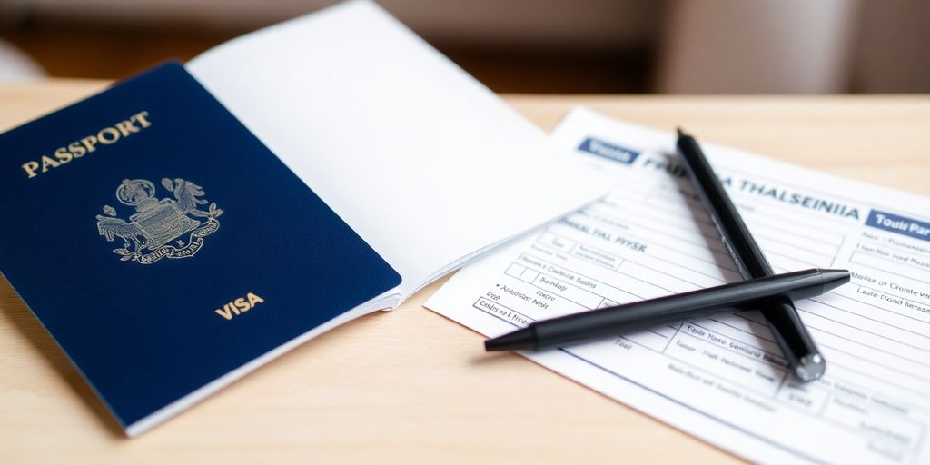 Passport and Thai visa application on a wooden table.