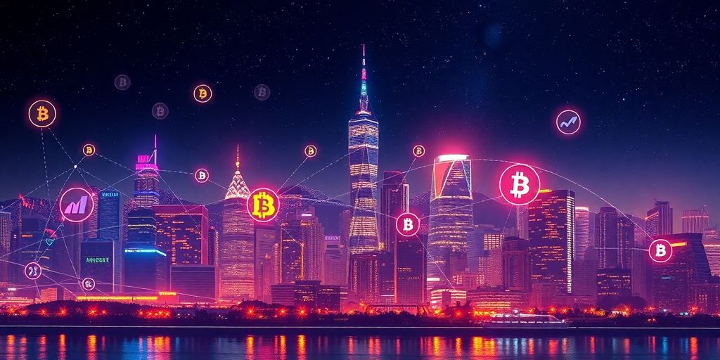 Futuristic city with digital blockchain elements at night.