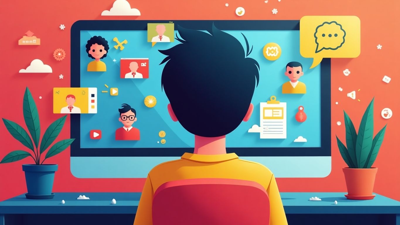 Faceless creator at a computer, vibrant YouTube theme.