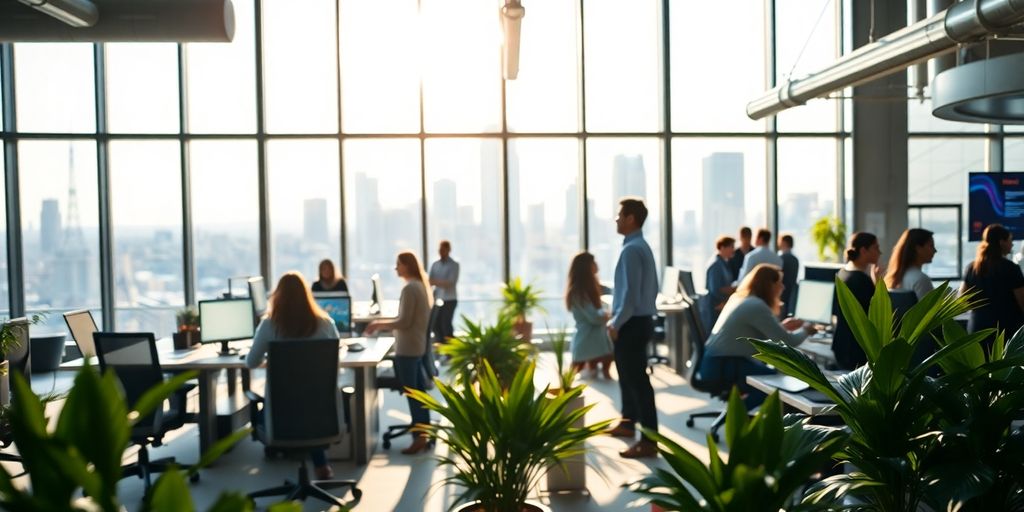 Modern office building interior with vibrant activity.