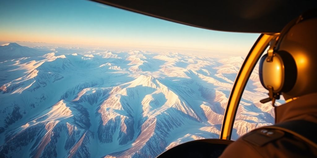 A helicopter flying over snowy Alaskan mountains at sunrise.