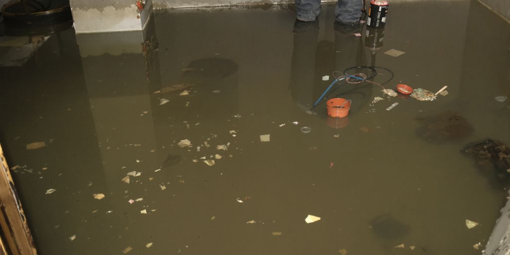 Sewage backup in a flooded basement.