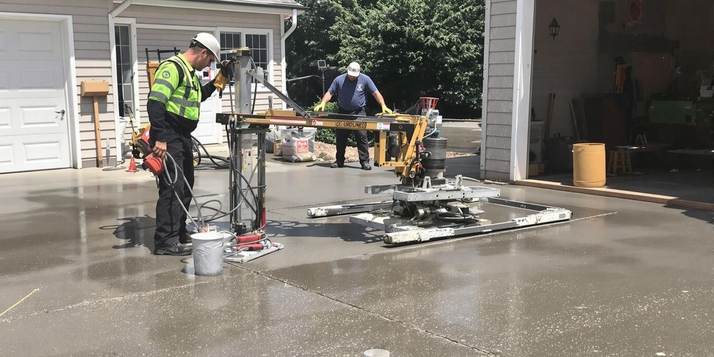 Technician lifting concrete with specialized equipment.