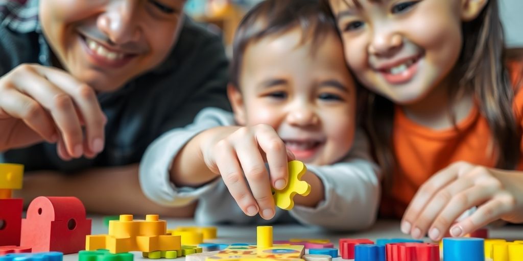 Eltern und Kind spielen mit Lernspielzeug.