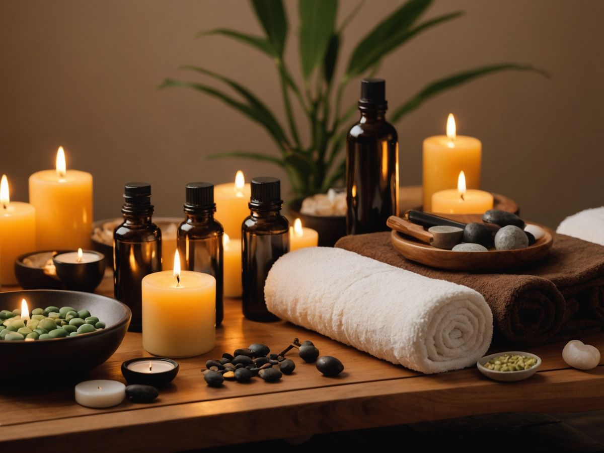 Spa setting with massage table and oils