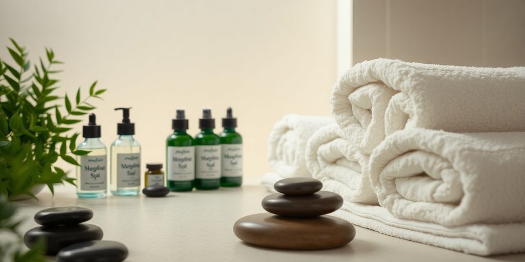 Relaxing spa scene with massage oils and warm towels.