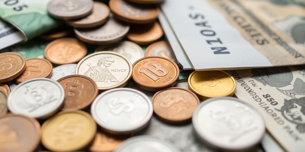 Différents types de billets et pièces de monnaie.