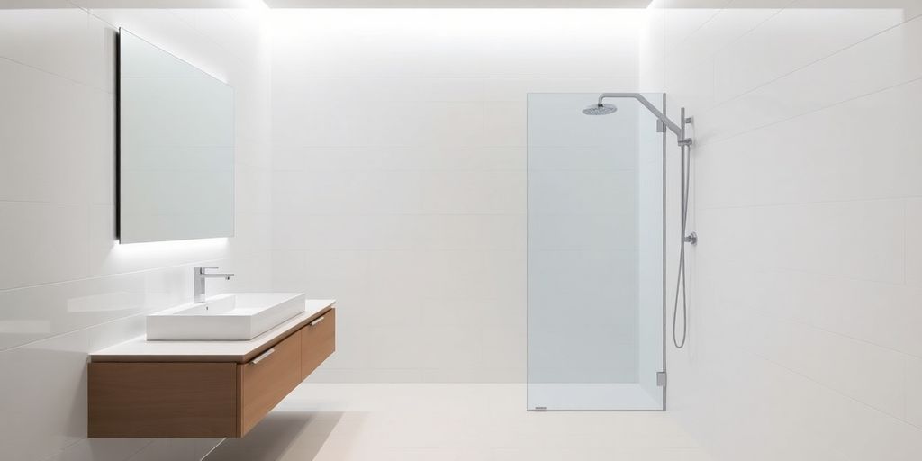 Modern bathroom, sleek fixtures, accessible design, bright, spacious.