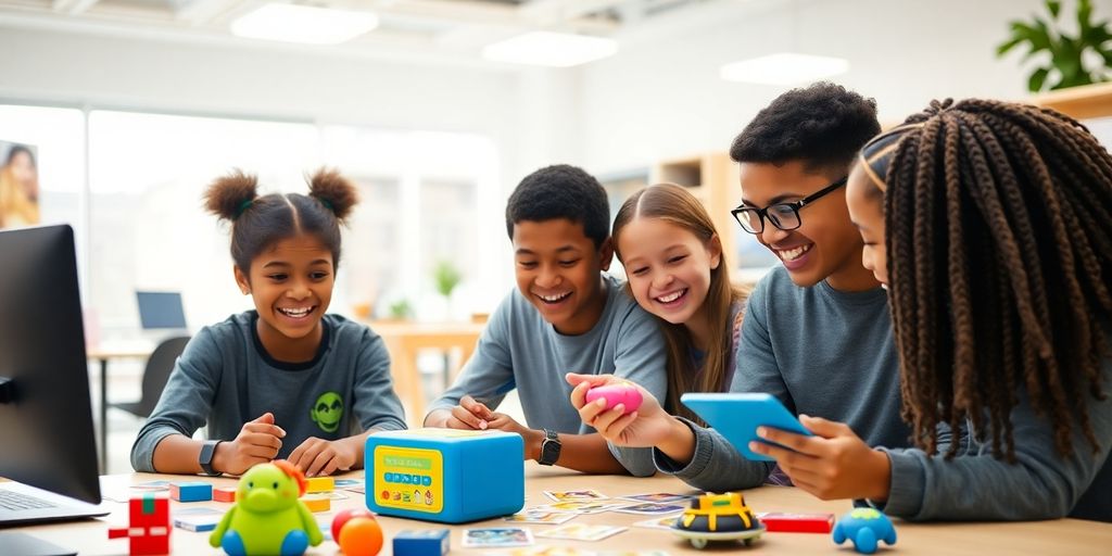 Teens coding with Learning Resources Switcheroo Coding Crew toys.