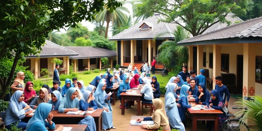 Gambaran pesantren dengan santri belajar bersama di luar.