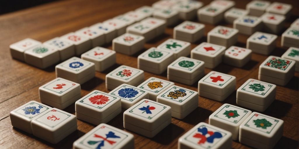 Mahjong tiles and Western game pieces on wooden table.
