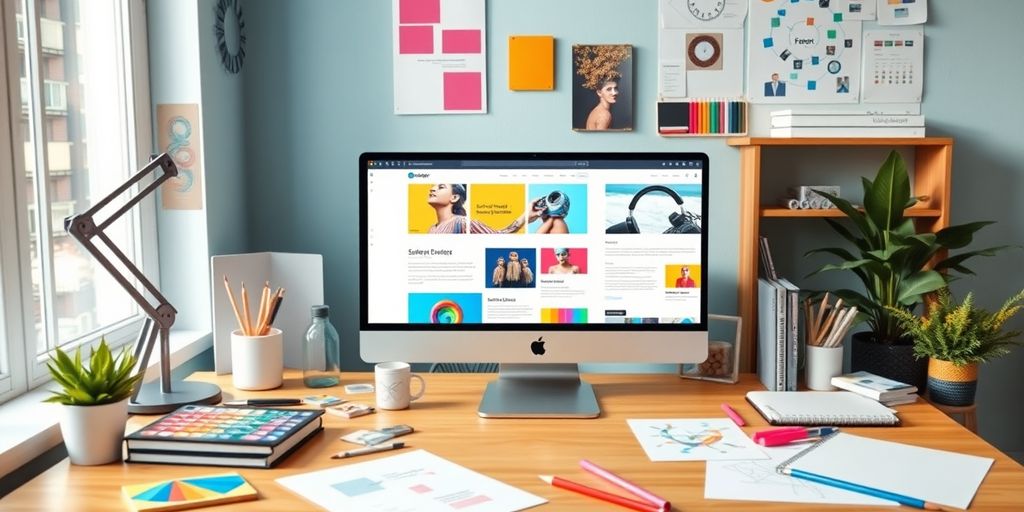 Colorful workspace with design tools and website mockups.
