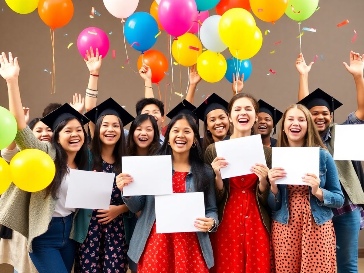Students celebrating scholarships with diplomas and balloons.