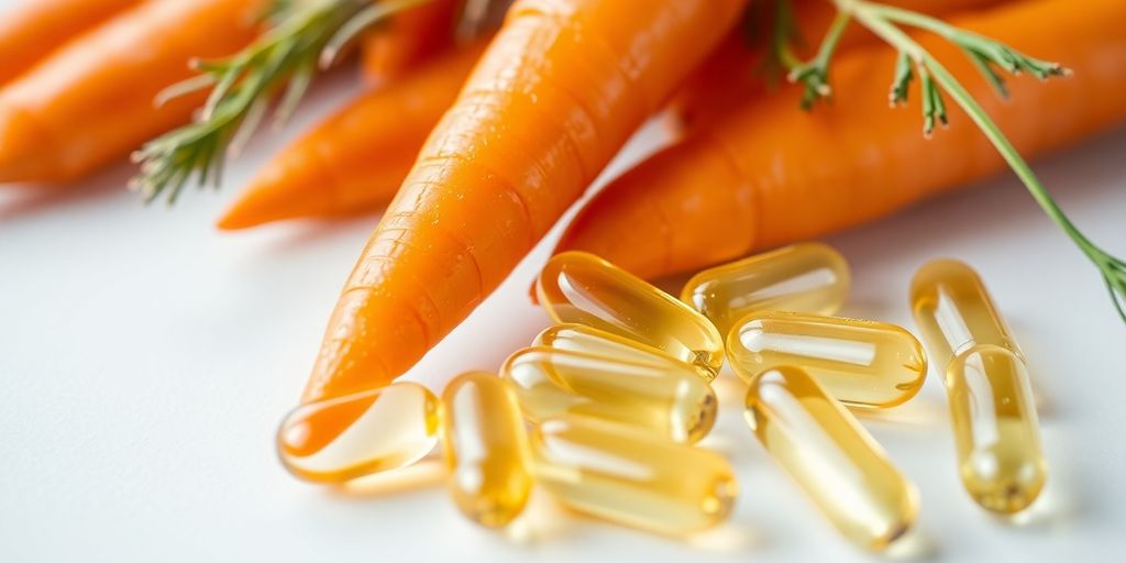 Vibrant orange carrots and glistening fish oil capsules.