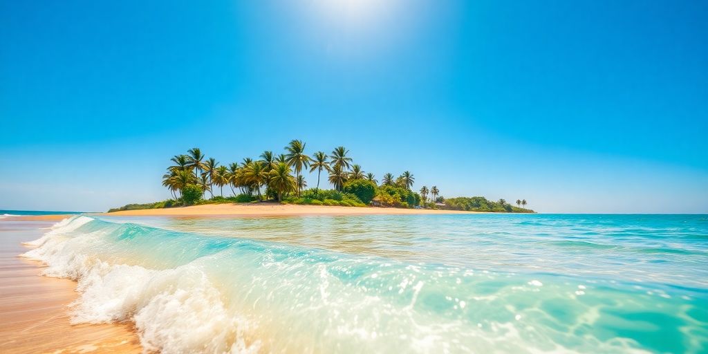 Turquoise ocean waves lapping golden sand with distant palm trees.