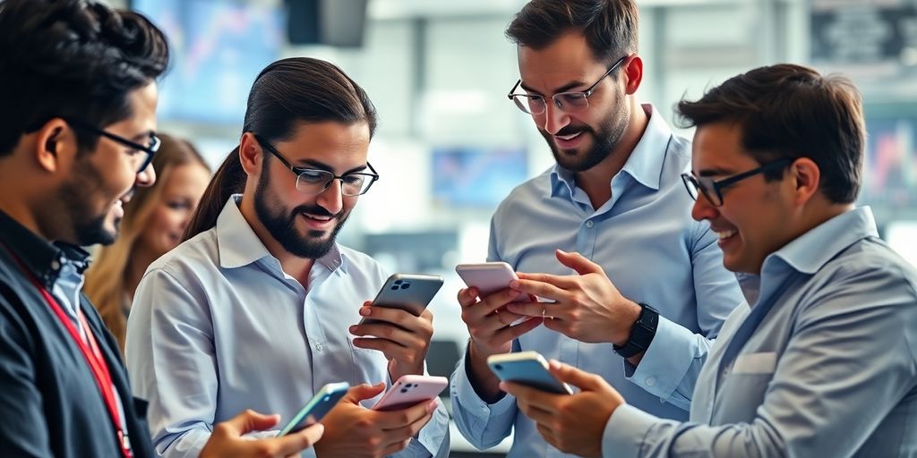 Traders collaborating and discussing strategies over smartphones.