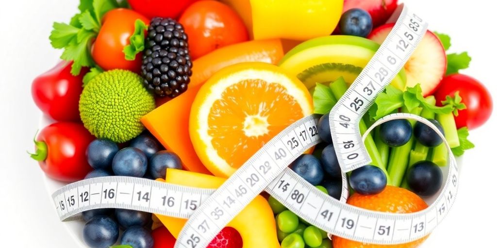 Fresh fruits and vegetables with a measuring tape.