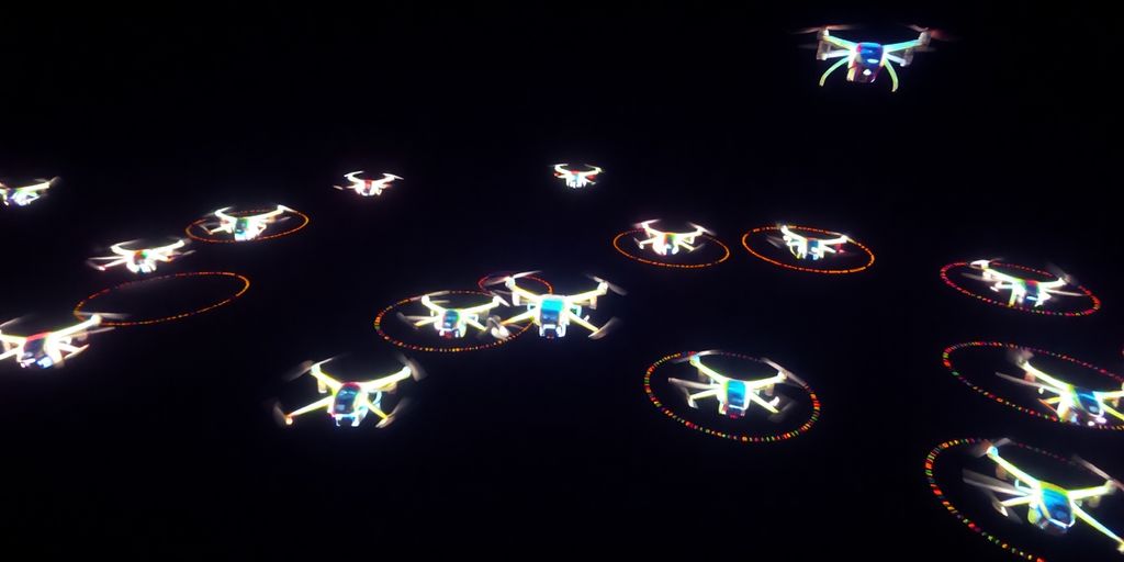 Drones lumineux en spectacle nocturne captivant.