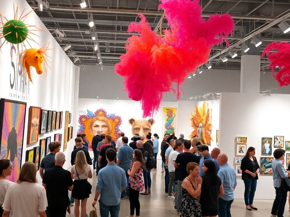 Expoziție de artă contemporană cu lucrări diverse și colorate.