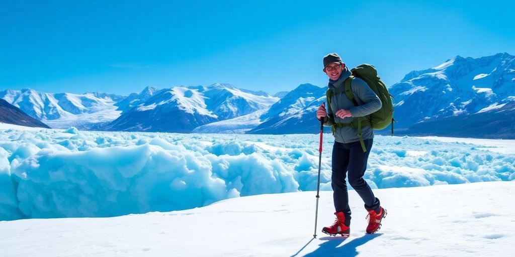A hiker with crampons on a vast blue ice glacier.