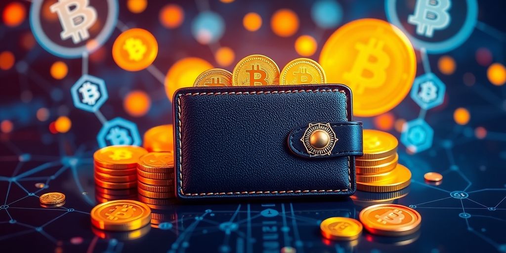 Digital wallet with coins and blockchain icons.