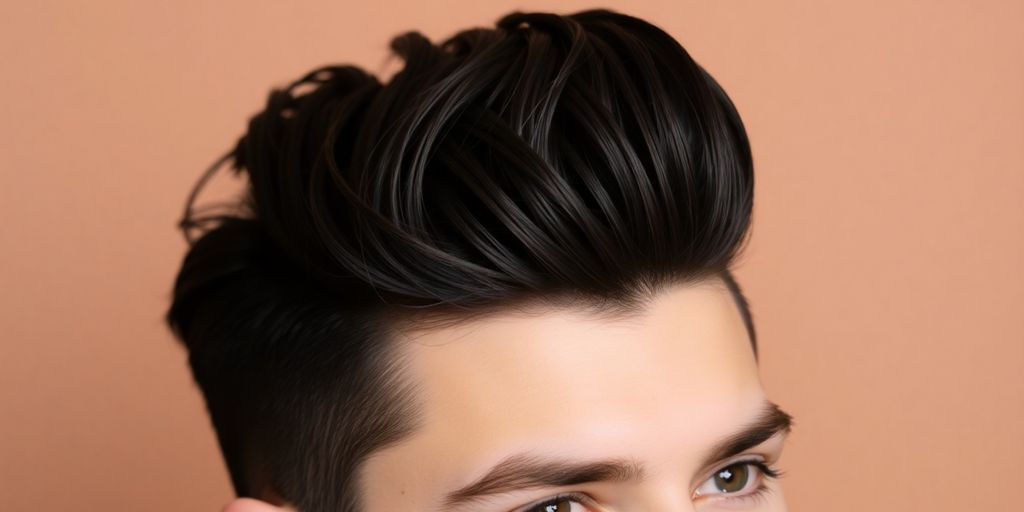 Man with modern pompadour hairstyle, soft lighting, neutral background.