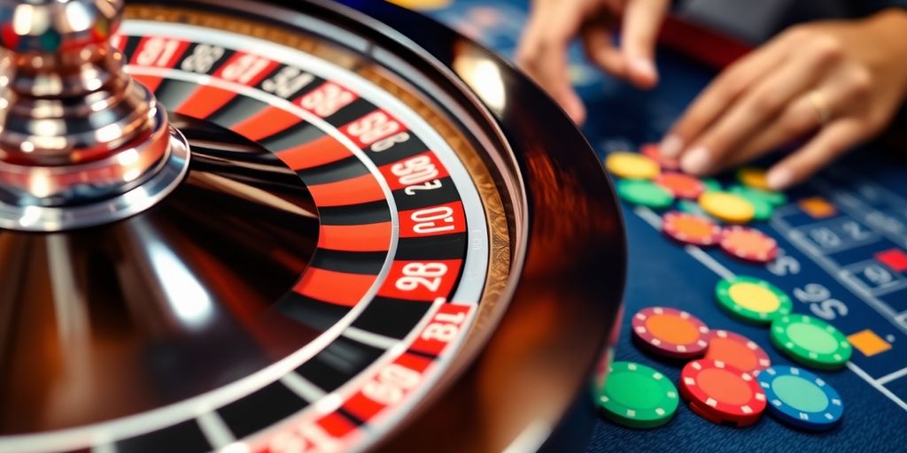 Spinning roulette wheel, chips, and hands.