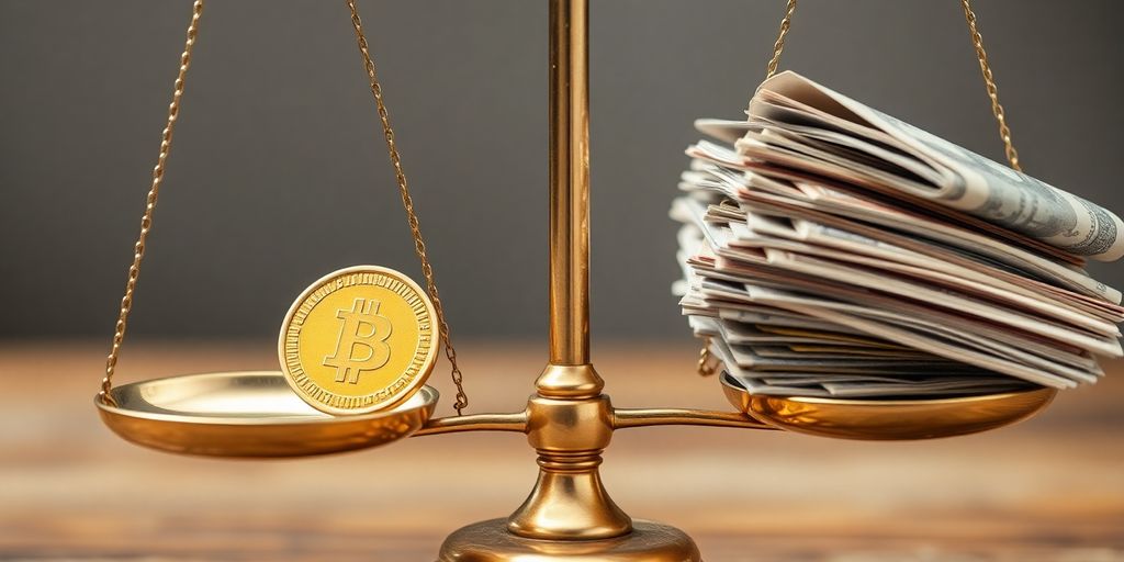 Une balance tenant une pièce d'or et des billets de banque.