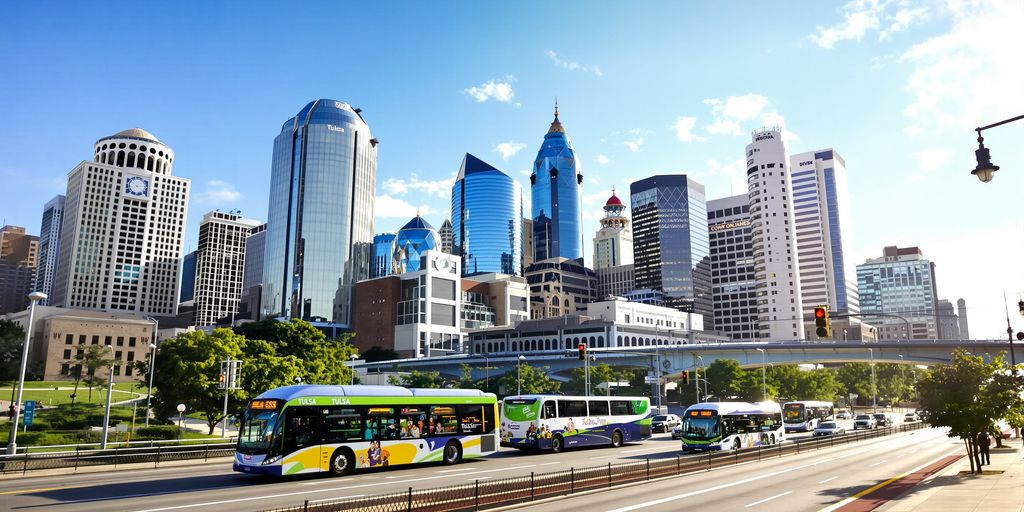 Tulsa skyline with buses on a street.