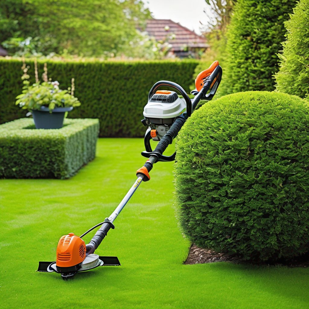 gas-powered hedge trimmer in a garden