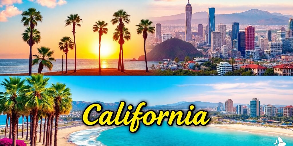 Collage of California cityscapes with palm trees and beaches.