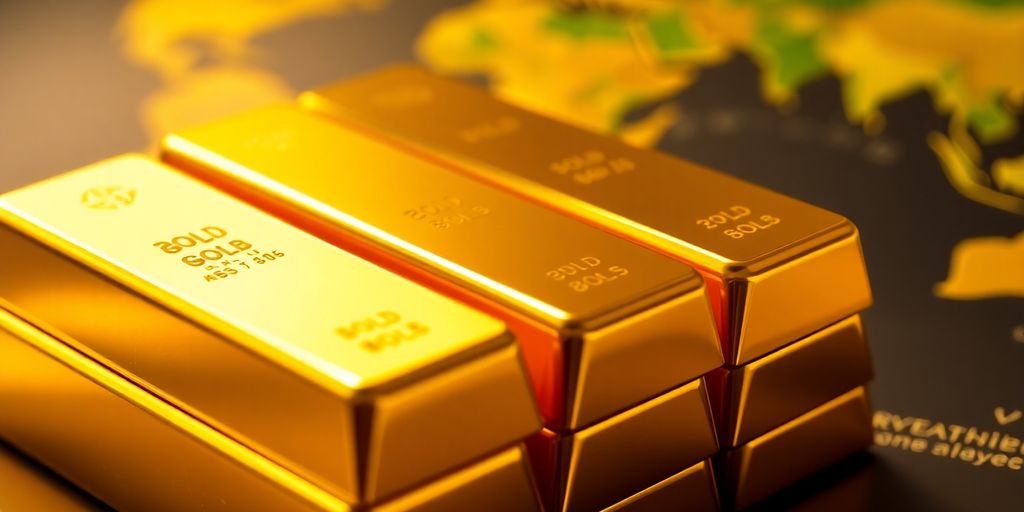 Des lingots d'or empilés sur une carte du monde.