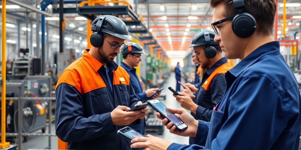 Manufacturing workers using 5G technology in a factory.