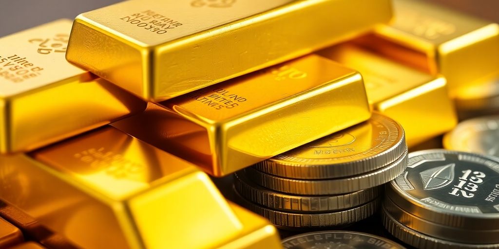 Lingots d'or et pièces d'argent brillants.