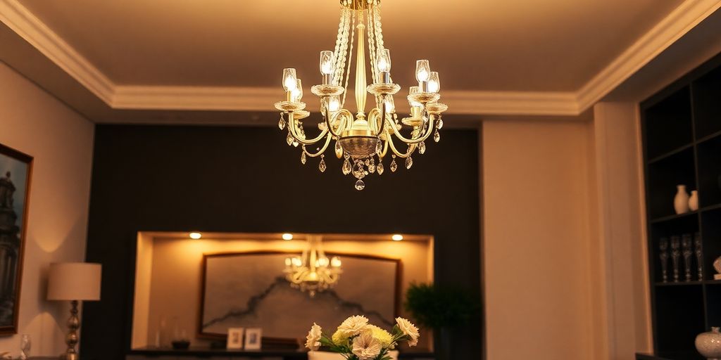 Elegant chandelier illuminating a modern dining room setting.