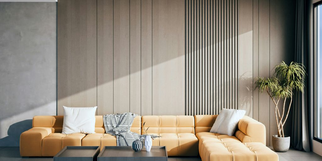 A modern living room with a yellow sofa.