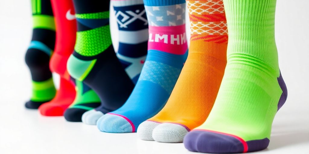 Colorful athletic socks arranged in a neat display.