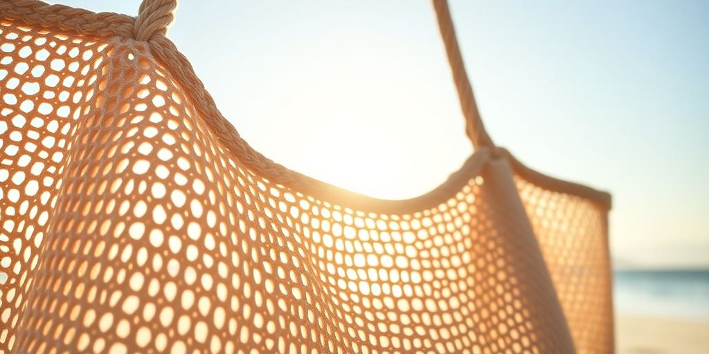 Sac de plage en tissu filet, léger et tendance.