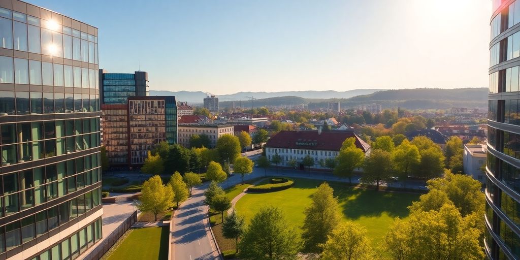 Stuttgart cityscape with modern buildings and green parks.