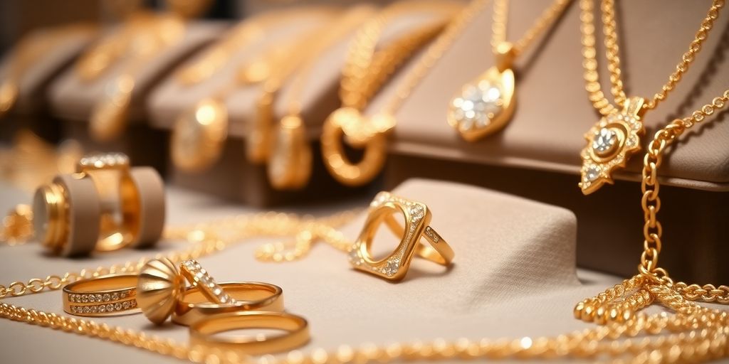 Vente aux enchères de bijoux en or, avec des pièces brillantes.