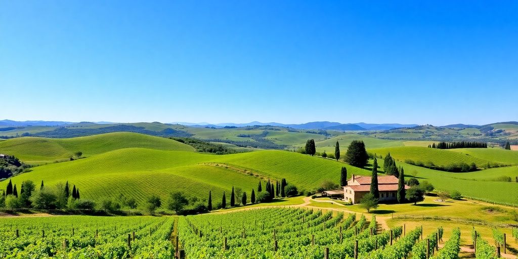 Idyllische toskanische Landschaft mit Weinbergen und Zypressen.