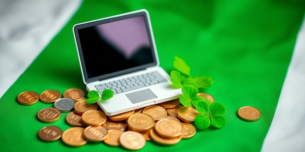 Irish flag with coins, laptop, and shamrocks.