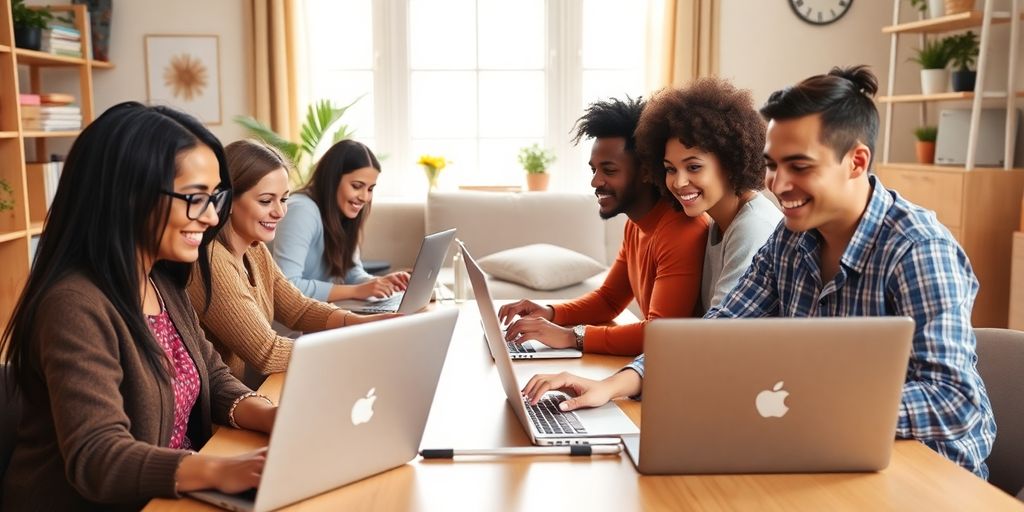 Diverse professionals collaborating in a cozy home office.