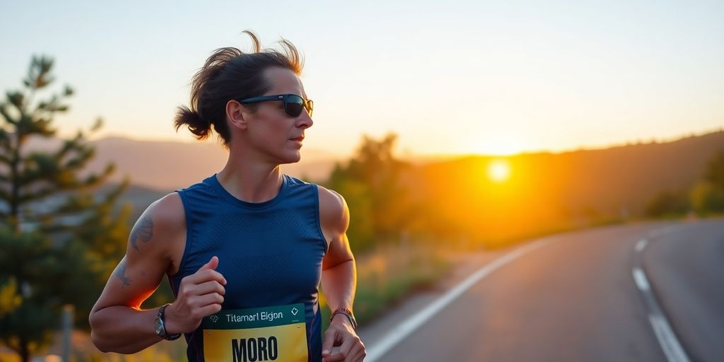 Runner focused on race day preparation in scenic landscape.
