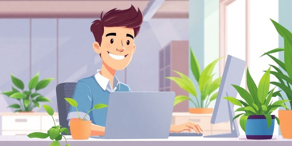 Person smiling, working at desk with plants.