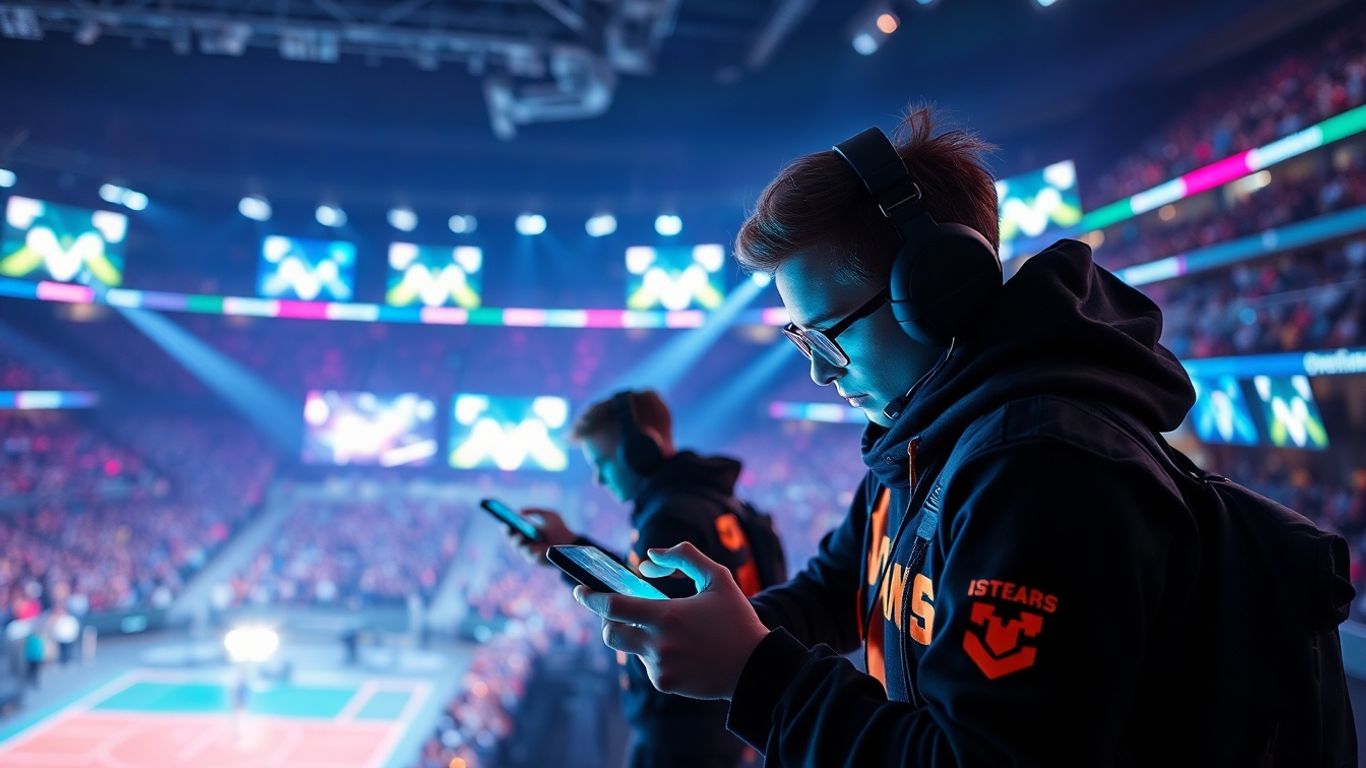 Intense mobile esports players competing in a vibrant arena