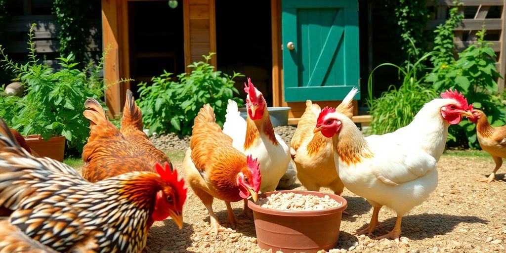 Chickens feeding in a sunny backyard environment.