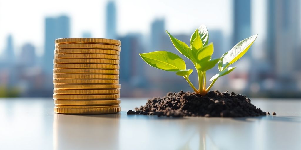 Golden coins, thriving plant, clear sky, distant city.