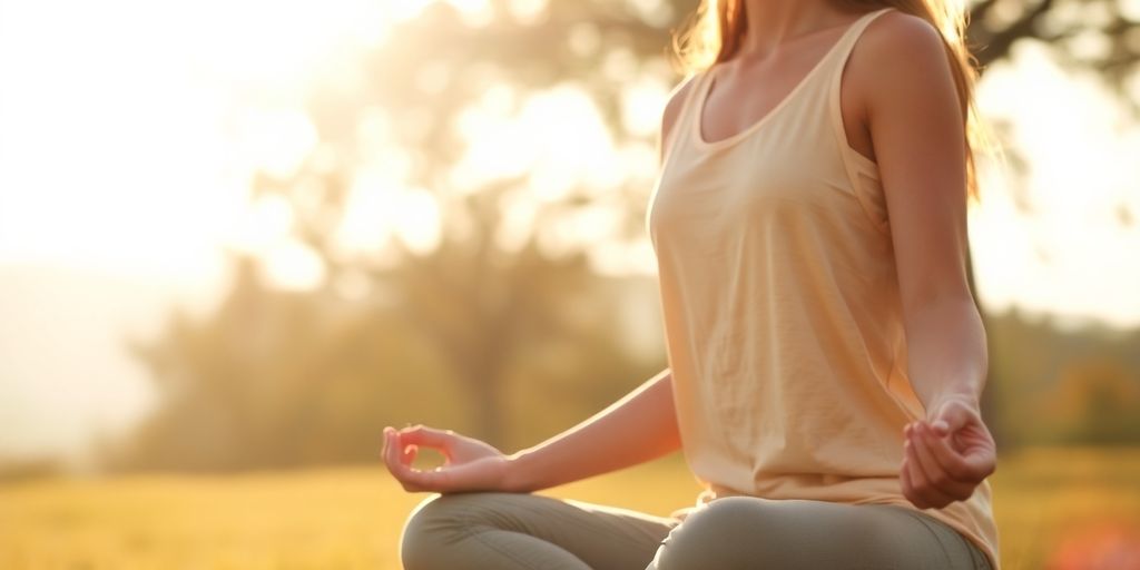 Serene person meditating outdoors, sunlit.